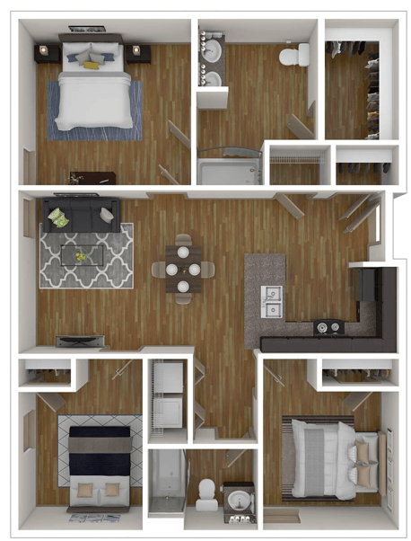 Floor plan for 3 beds, 2 baths, 1109 sqft